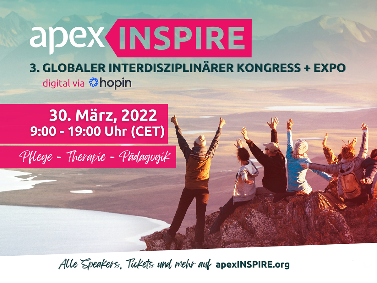 Das Keyvisual der APEX INSPIRE informiert über den Kongress für Gesundheits- und Sozialberufe von 9 bis 19 Uhr am 30.3. über die digitale Platform hopin