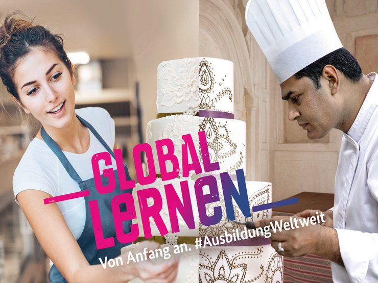 Auszubildende zur Konditorin arbeitet an großer Hochzeitstorte, links in deutscher Bäclererei, rechts indischer Ausbilder in indischer Bäckerrei. Kampagnenmotiv AusbildungWeltweit