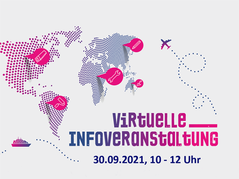 Schriftzug: "Virtuelle Infoveranstaltung 30.09.2021, 10-12 Uhr" vor stilisierter Weltkarte, auf der Pins mit Berufssymbolen stecken