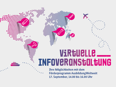 Banner zur Veranstaltung stilisierte Weltkarte mit dem Text: Virtuelle Infoveranstaltung - Ihre Möglichkeiten mit dem Förderprogram AusbildungWeltweit. 17. September 2020 Uhrzeit 14:00 - 16:00 Uhr